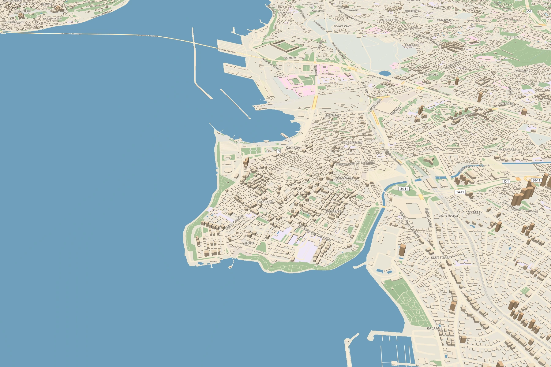 Real street, coastline, park and building map of Kadıköy